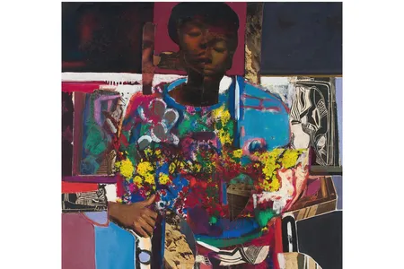 Woman With Flowers, oil and collage on canvas, 1972. A celebration of black beauty, the work alludes to both African sculpture and African American quilt making.