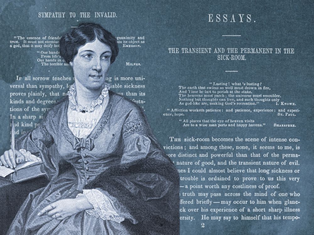 Illustration of Harriet Martineau in front of pages from "Life in the Sick-Room"