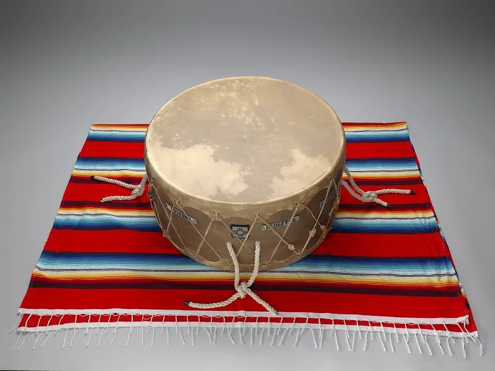 Drum used by Native American soldiers during Operation Iraqi Freedom, 2007 and 2008. 27/167. The drum was also used in a Cheyenne Soldier Dance held for Cody Ayon (Southern Cheyenne) in 2010 when he returned to the United States. Mr. Ayon gave the drum to the museum in 2018. (National Museum of the American Indian)