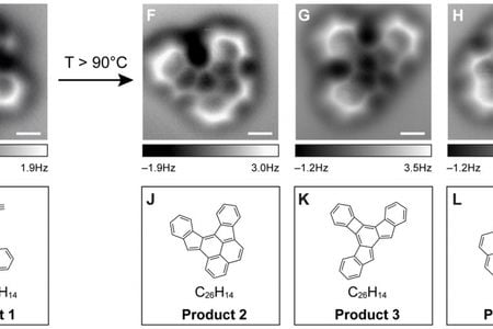 The chemical rearrangement of oligo-(phenylene-1,2-ethynylenes) as seen in the microscope image (top) and the stick diagram of the molecular structure.