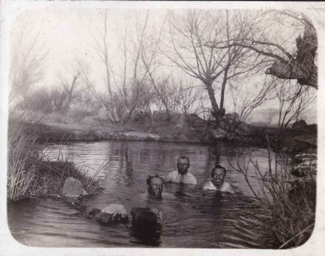 “The gang in for a swim in a stream back of our dobe camp,” Ojo de Federico, Chihuahua, Mexico, February 3, 1921