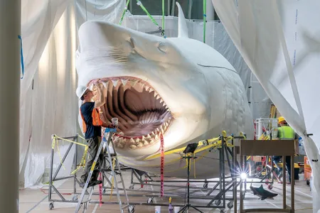 Artist Gary Staab assembles the massive megalodon. A scale model at the bottom right shows what the finished creature will look like.