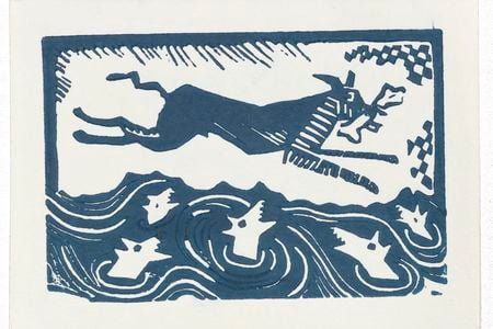 In 1988, artist Laura Farabough exhibited Santa Dog, a site–specific video installation at the Hanson Gallery in Sausalito, California. That same year, Farabough featured “Santa Dog” on her holiday card to artist David Ireland. Laura Farabough christmas card to David Ireland, 1988. David Ireland papers, circa 1910s-circa 2009, Archives of American Art, Smithsonian Institution.