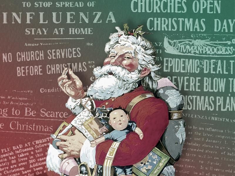 Illustration of Santa Claus in front of newspaper headlines regarding Christmas 1918