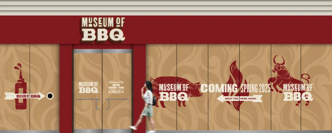 Woman walking in front of building with signs that say Museum of BBQ