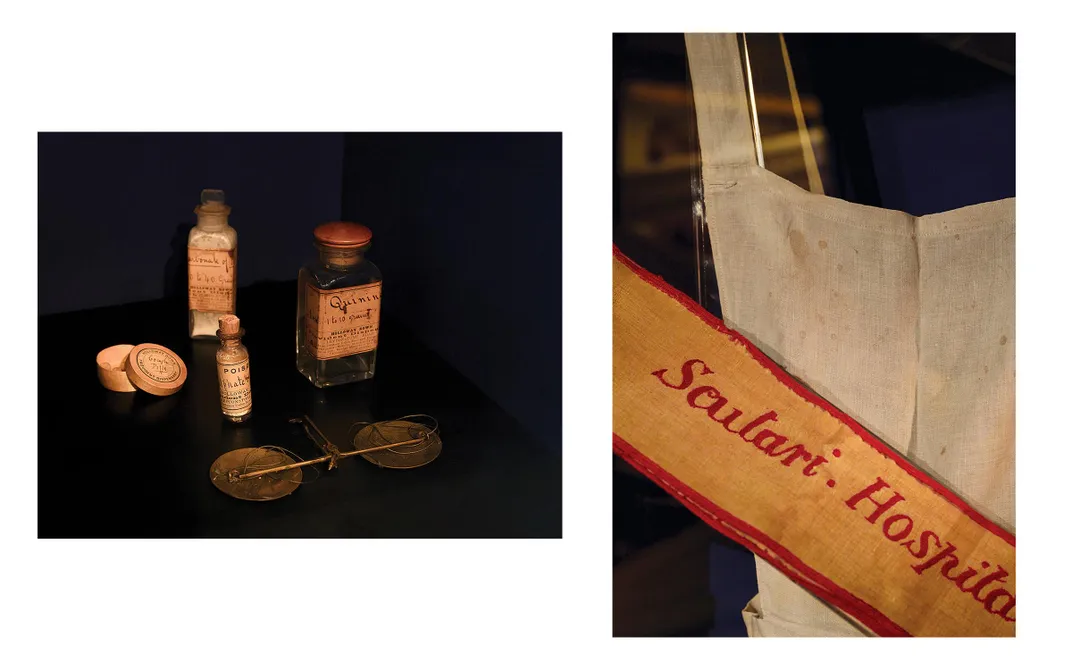 Left, Nightingale's medicine chest. Right, nursing sash from Scutari. 