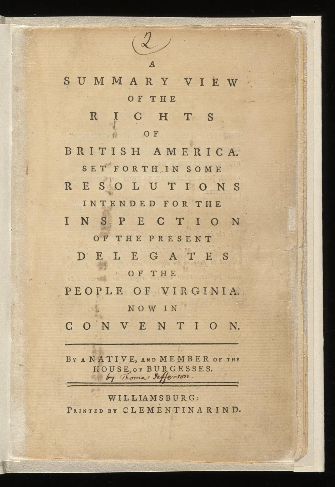 Rind's name appears on the title page of Thomas Jefferson's pamphlet.