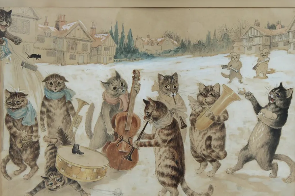 Louis Wain illustration of cats singing carols