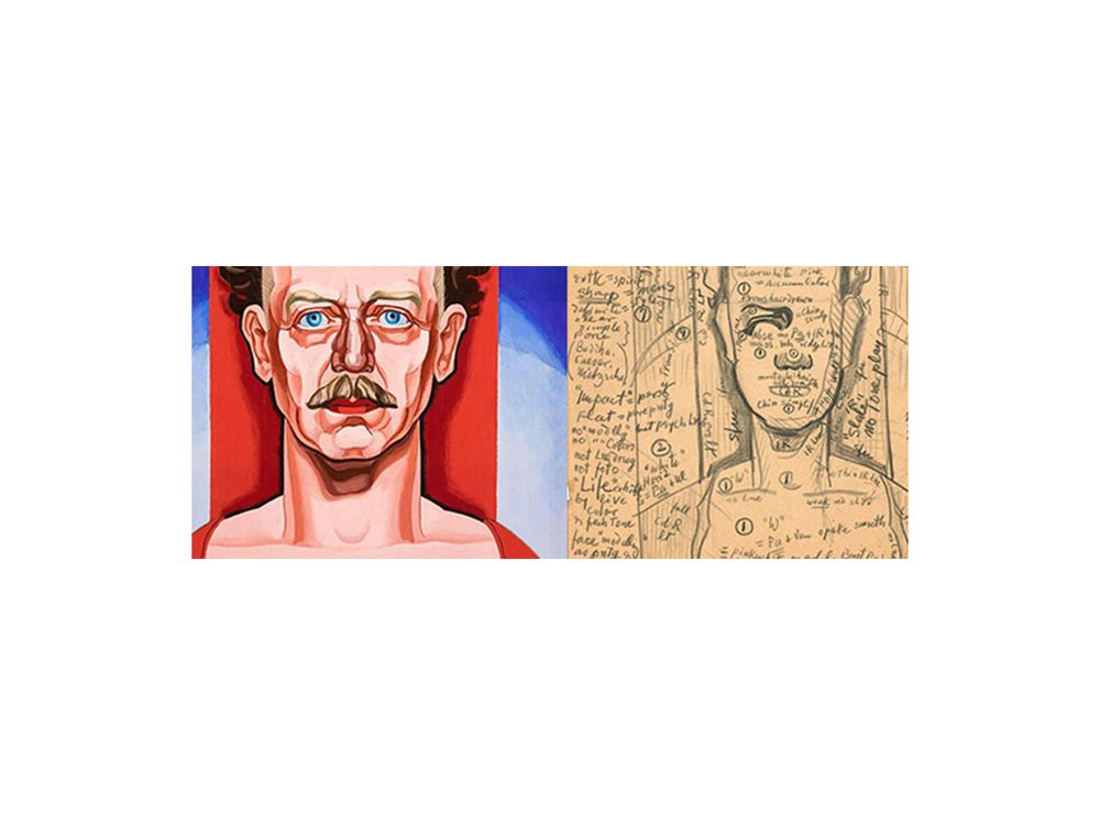 Details from LEFT: Oscar Bluemner, Self-Portrait, 1933, oil on panel, 19 3/4 x 14 3/4 in. Courtesy Crystal Bridges Museum of American Art, Bentonville, Arkansas. Photography by Edward C. Robison III. RIGHT: Oscar Bluemner. Oscar Bluemner. Notes for self-portrait from painting diary, 1933. Oscar Blumner papers, 1886-1939. Archives of American Art, Smithsonian Institution.