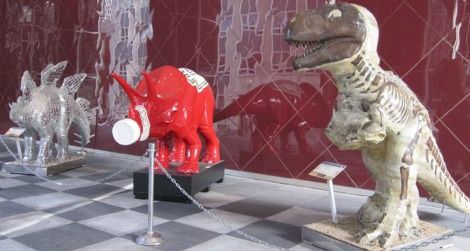 A trio of Pittsburgh dinosaurs - from the left, Philiposaurus, Ketchupsaurus, Mr. Dig