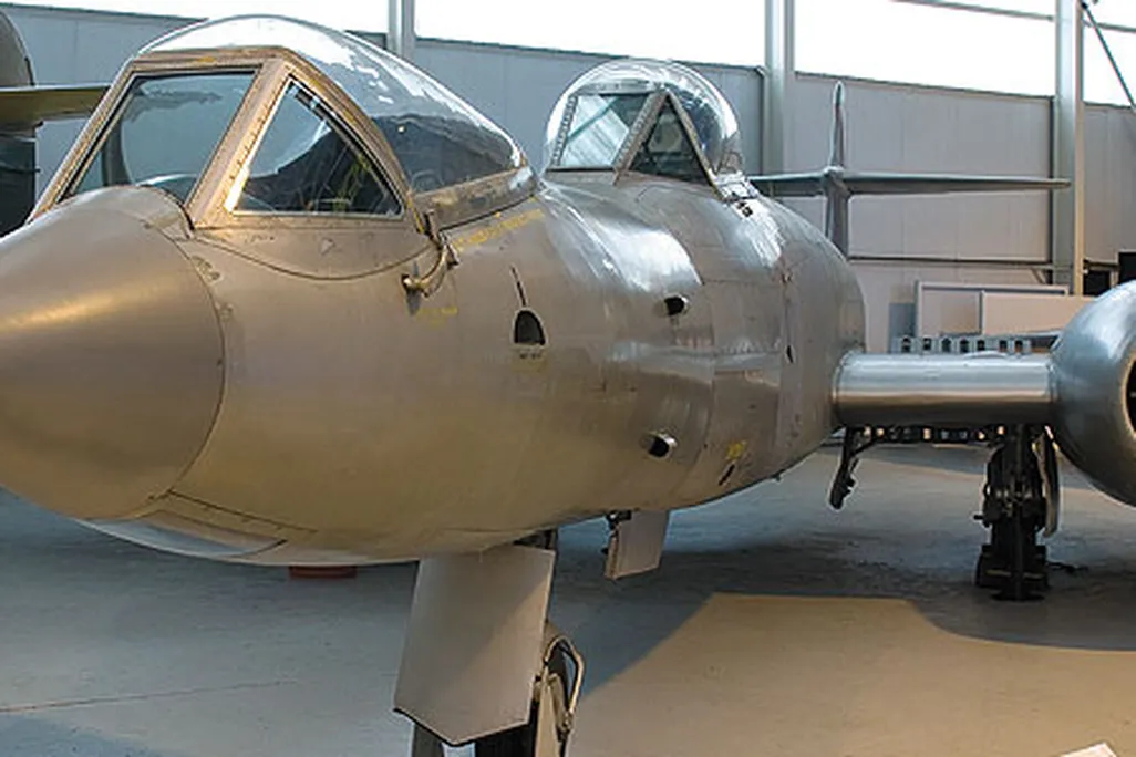 The prone-pilot Gloster Meteor testbed, couch included, is on permanent R&R at Britain's Royal Air Force Museum Cosford.