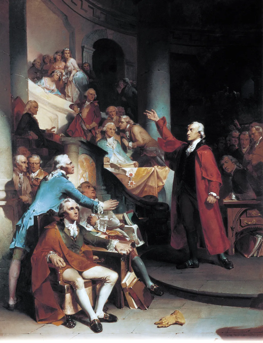 An 1851 painting of Patrick Henry speaking to the Virginia House of Burgesses