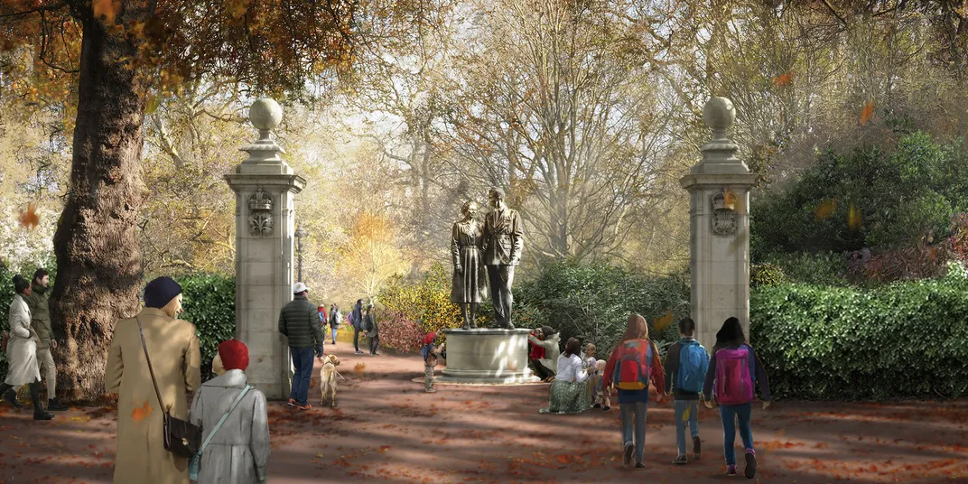 Foster + Partners' rendering of a statue featuring Queen Elizabeth II and Prince Philip