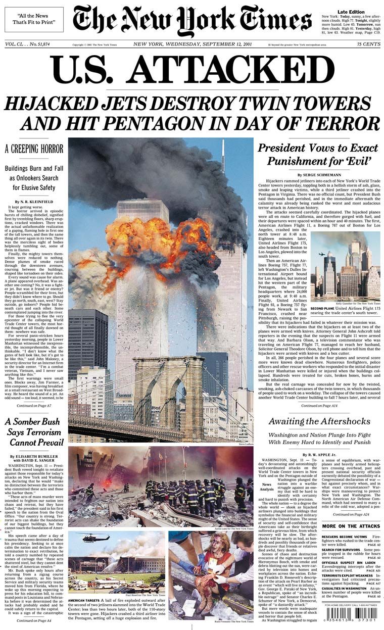 The front page of the <em>New York Times</em> on  September 12, 2001