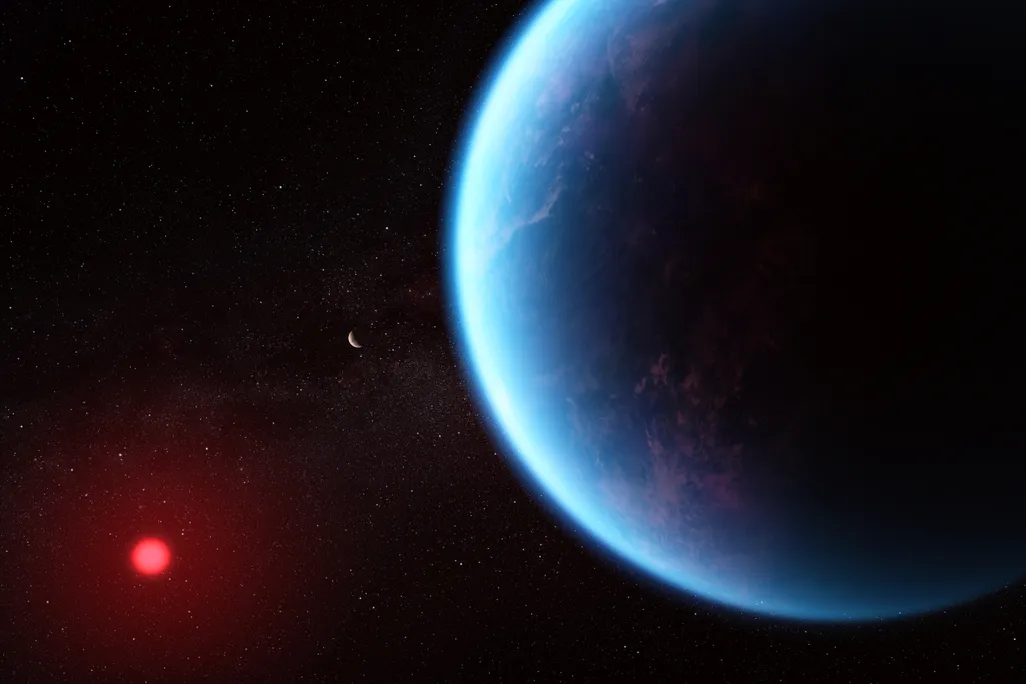 An artist's rendition of a blue, ocean-covered planet with a red star it orbits in the distance