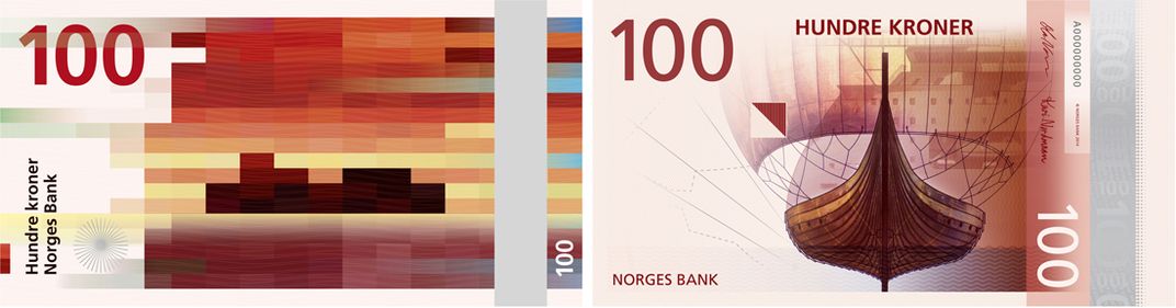  Norway’s new 100 krone note will look something like this. Left: Snøhetta’s design for the reverse face. Right: the Metric System’s design for the obverse face. 