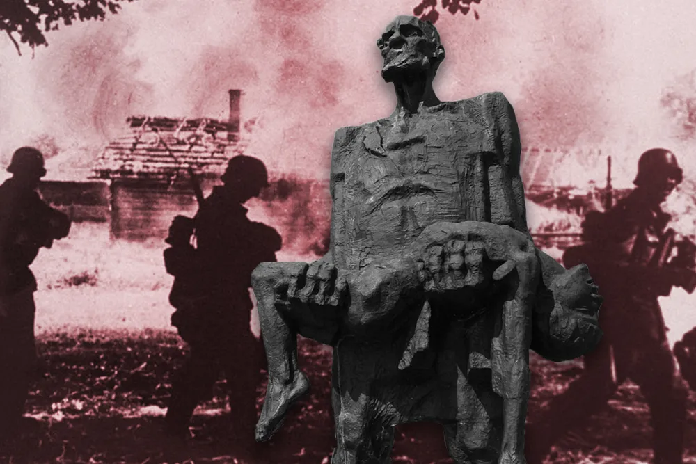 Statue of Khatyn massacre survivor in front of burned village (longform main)