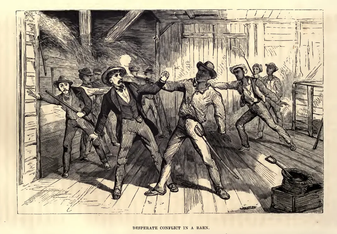 An engraving from Still's book depicting a clash in a barn