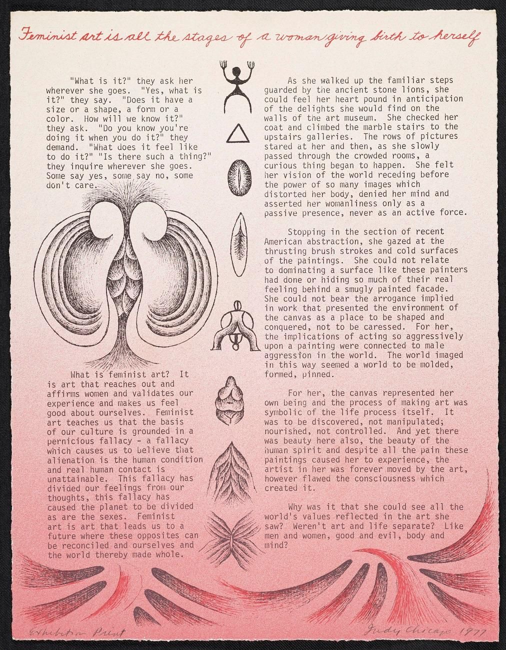 Pink paper with vulvic imagery and text about feminist art by Judy Chicago