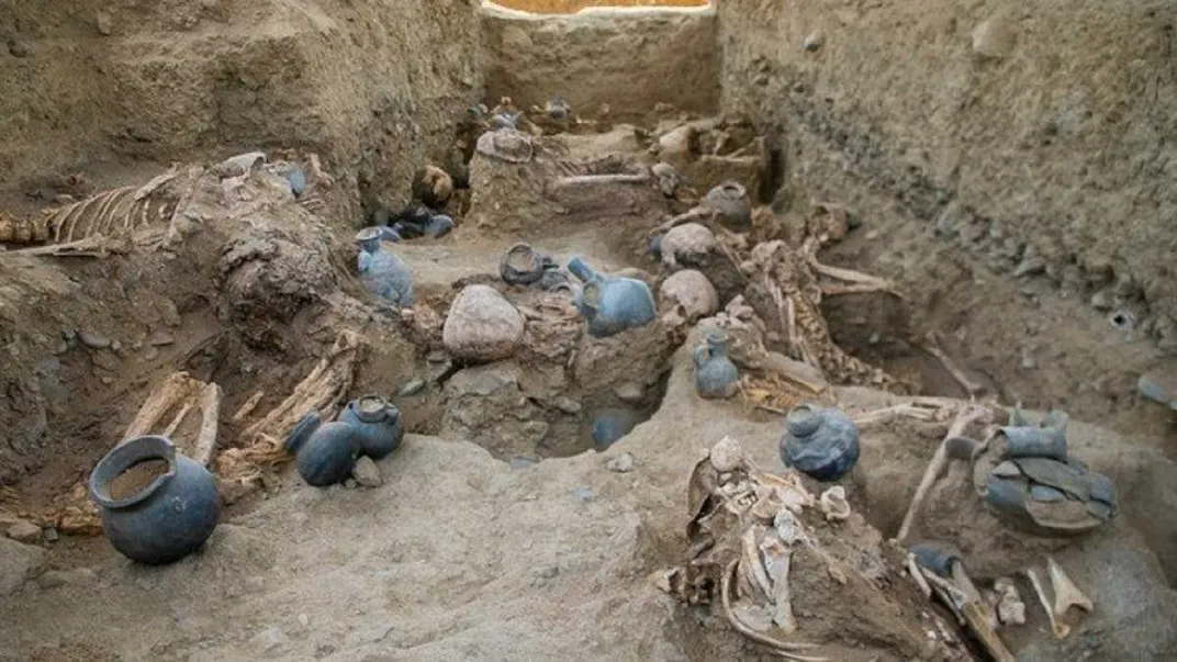 View of mass grave, with blue vessels and skeletons visible