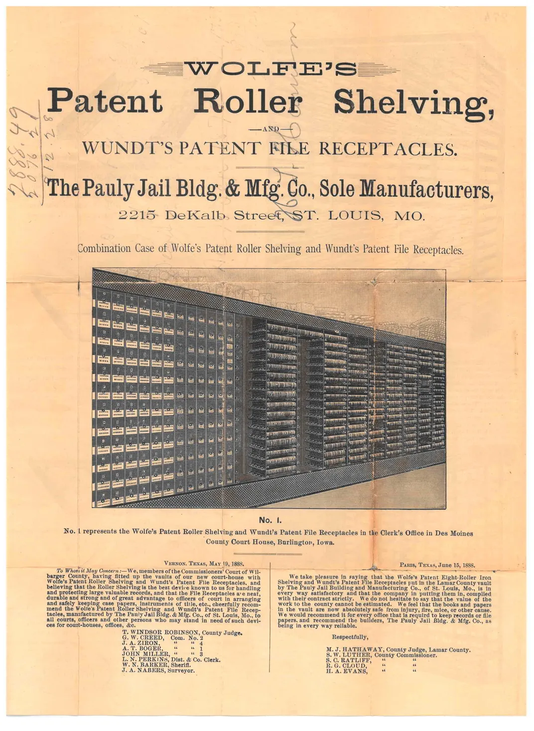 Page from 19th century trade catalog with black and white illustration of filing system