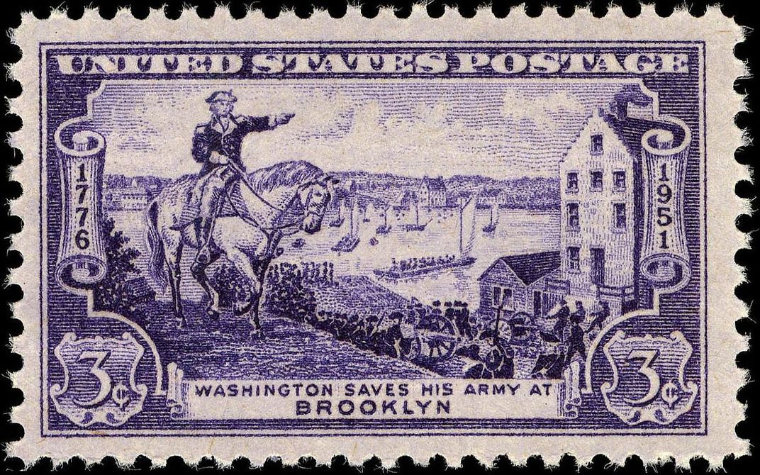 A 1951 stamp depicting Washington ordering his men to retreat from New York in 1776