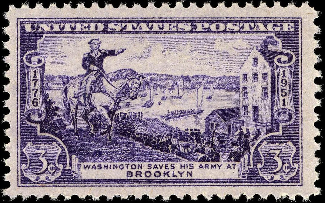 A 1951 stamp depicting Washington ordering his men to retreat from New York in 1776