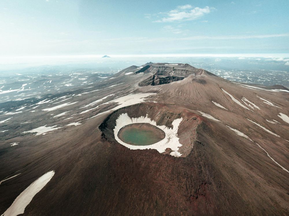 Aerial view of an extinct volcano with a lake