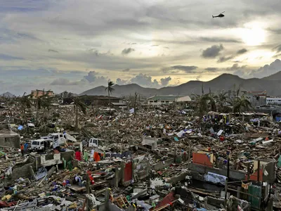 An entire neighborhood in Tacloban, Leyte, Philippines, destroyed by Typhoon Haiyan in 2013. More than 6,500 people died during the storm, which had maximum sustained winds of 195 miles per hour. Winds of those speeds would be above the threshold for a hypothetical Category 6 for tropical cyclones proposed by researchers.