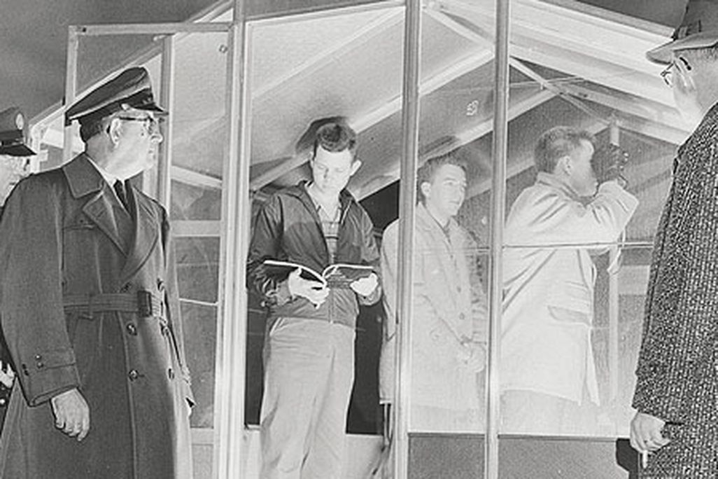 Kernersville North Carolina observers and Air Force reps inspect a post in 1958