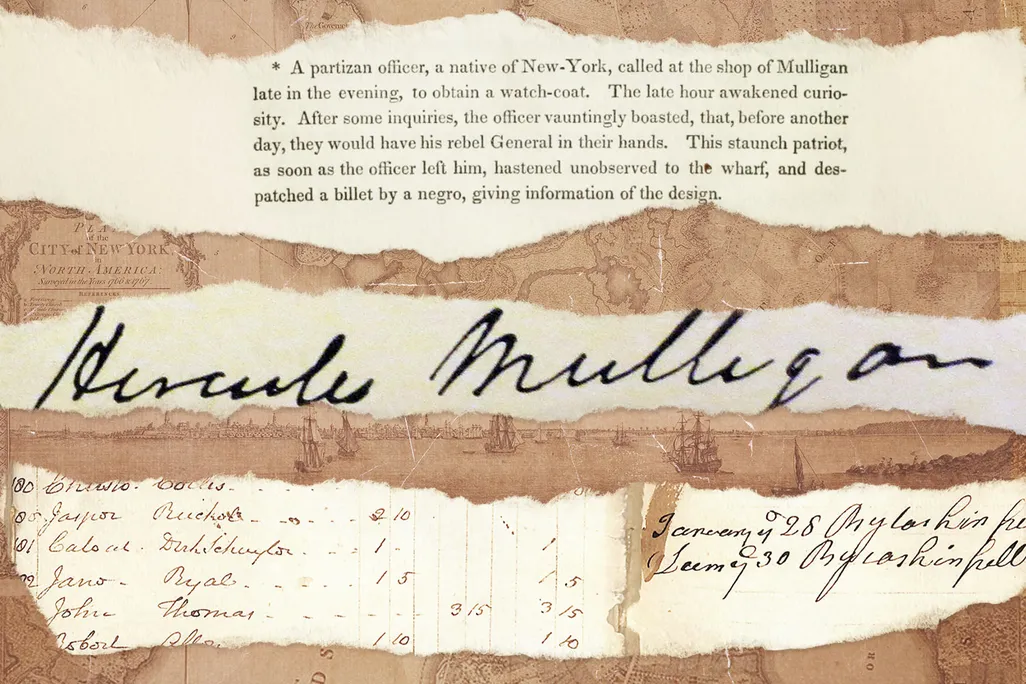 An illustration of Hercules Mulligan's signature, a paragraph about Mulligan and a pew rent ledger