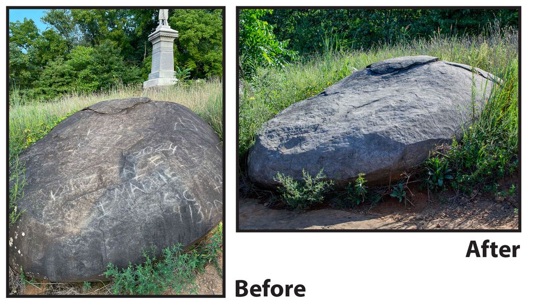 Side by side images showing a boulder with and without graffiti