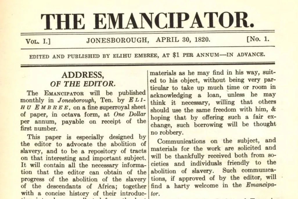 A screenshot of the first page of a nineteenth century pamphlet, with large font that reads THE EMANCIPATOR on top and an Address of the Editor, followed by two columns of text