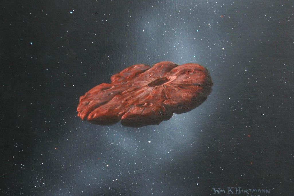 A painting of 'Oumuamua shows it as a red, flat, circular chunk of rock with a crater in the middle