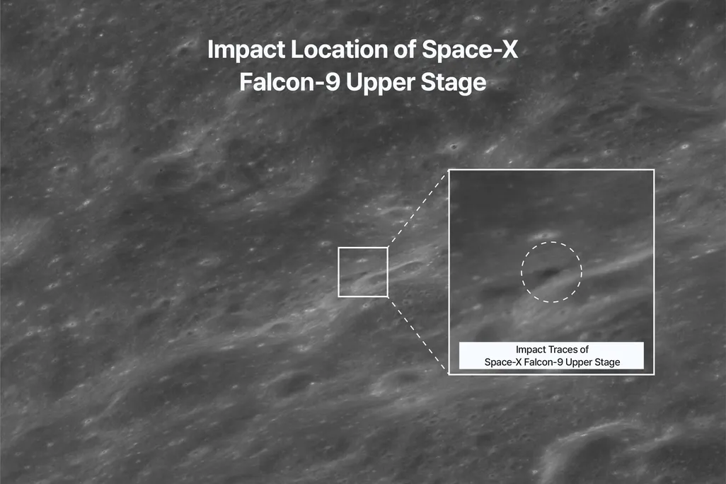 image zooming in on a spot on the moon's surface to show the impact