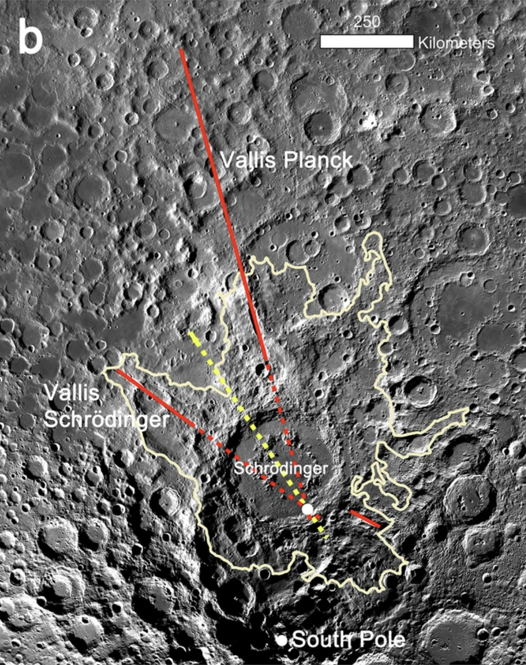 lines of the two canyons traced outward to intersect in Schrodinger basin
