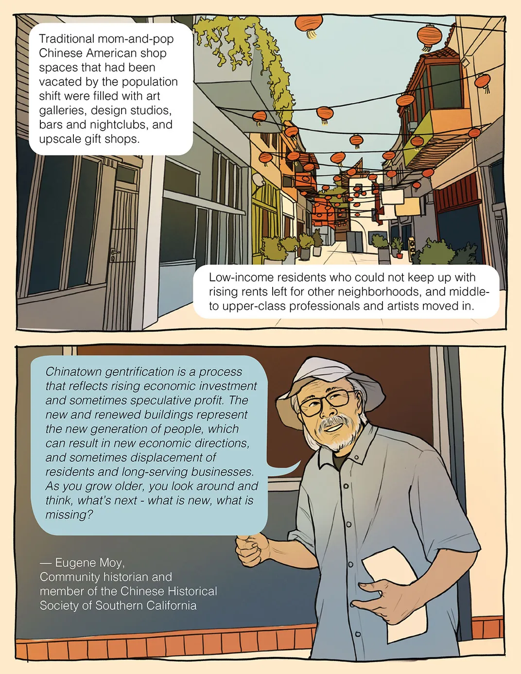 Illustrated comic page. Top panel: A view of a street in New Chinatown. There are colorful shops on both sides and potted plants in front of the shops. Red lanterns are hung from building to building.