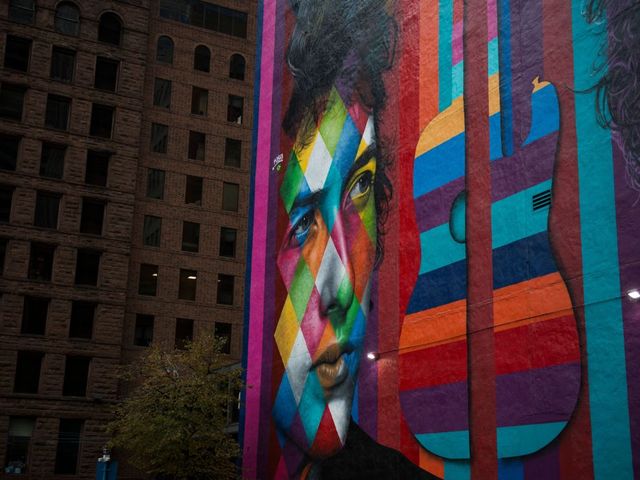 A mural of Bob Dylan by Brazilian artist Eduardo Kobra is on display in downtown Minneapolis.