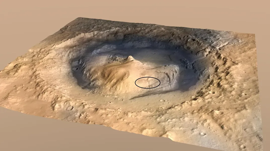 A rendering of the yardangs (circled) on Mount Sharp inside Gale Crater