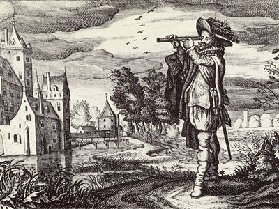 Adriaen van de Venne engraved this early depiction of a Dutch telescope. Image courtesy of Wikipedia.