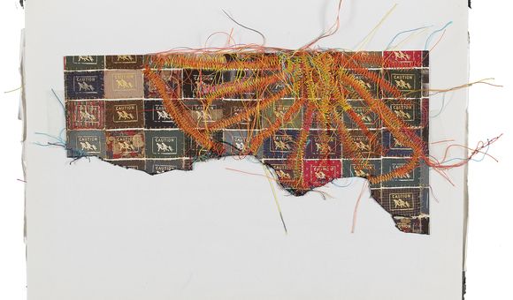 Detail of artwork with wayfinder symbol of family running with the word caution and machine stitching in various colors.