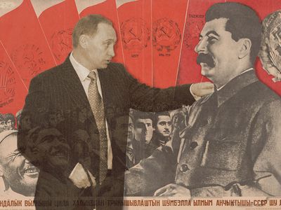 A collage of Vladimir Putin placing his hand on Joseph Stalin&#39;s shoulder. Richard Cohen&#39;s new book&nbsp;Making History&nbsp;details the links between the two Russian leaders.