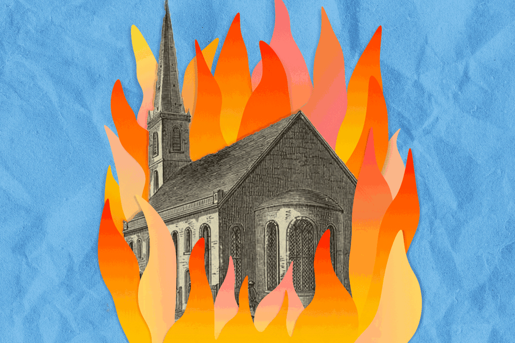 A GIF illustration of Trinity Church in flames