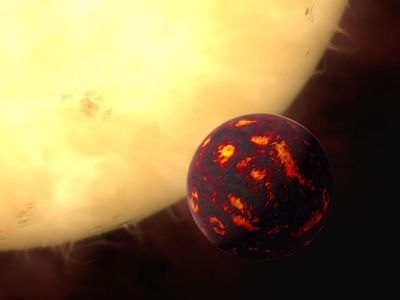 This artist’s impression shows the super-Earth 55 Cancri e in front of its parent star.