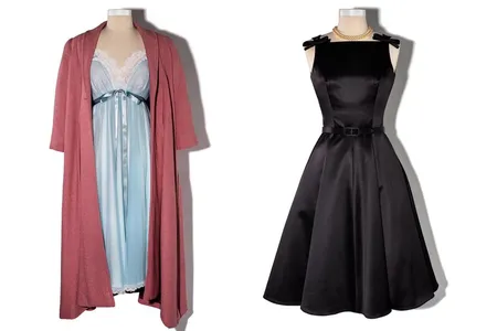 Mrs. Maisel's pink wool house coat and peignoir nightgown, worn in the pilot episode, and black dress, worn in the season one finale