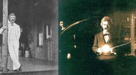 Mark Twain. Left: Photographed by Life Magazine. Left, in Tesla’s Lab, photographed by Wutz