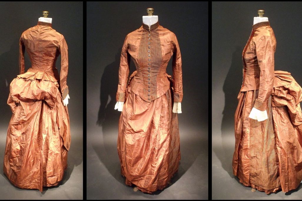 Three views of a bronze-colored silk dress from the 1880s