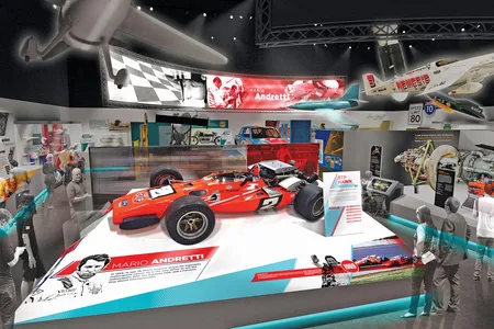 The new Nation of Speed gallery, shown here in an artist’s rendering, celebrates speed on land, sea, and air. Mario Andretti’s Indy 500-winning race car qualified at 168.9 mph; Jon Sharp’s DR 90 Nemesis, the most successful aircraft in racing history, set a 1996 record of 283.7 mph.