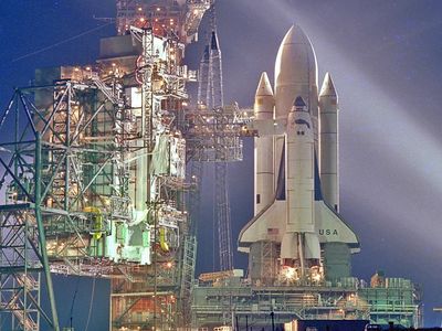 Space shuttle Columbia, on the pad before its first launch in April 1981
