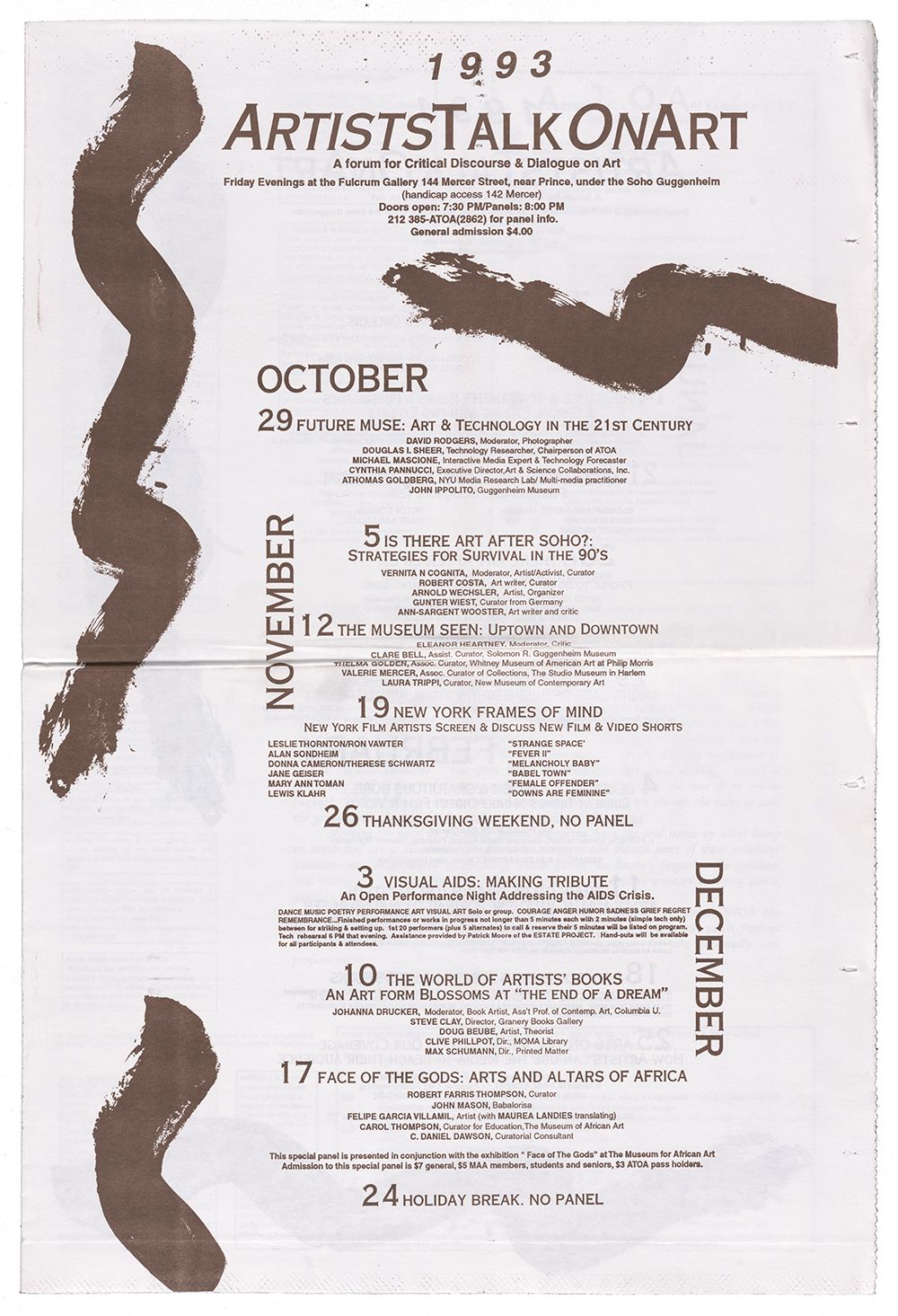 Printed flyer with brown text and illustrations resembling marks made by a paint brush on cream paper.